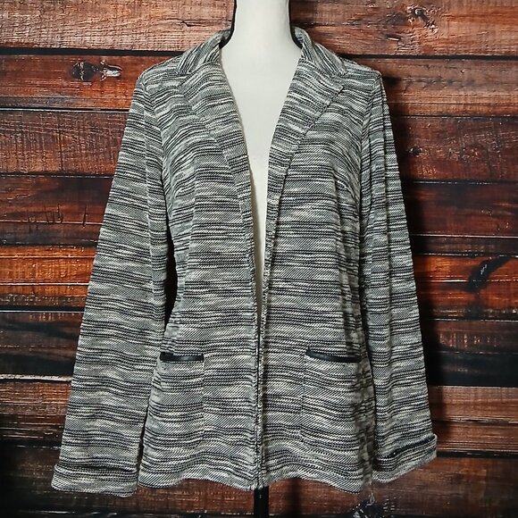Christopher & Banks Knit Jacket Blazer M White Black Marled Open Front Pockets - Picture 2 of 9